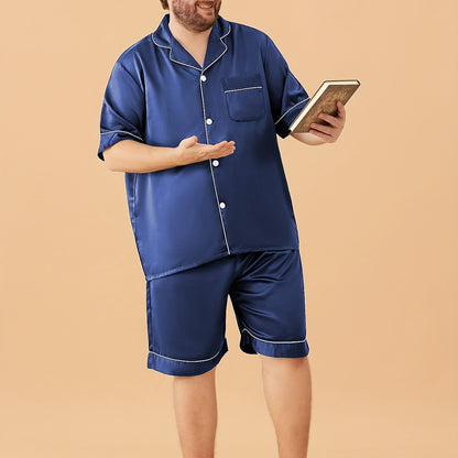 2-piece casual V-neck shirt and shorts set for plus size men, perfect silky pajamas for home comfort.