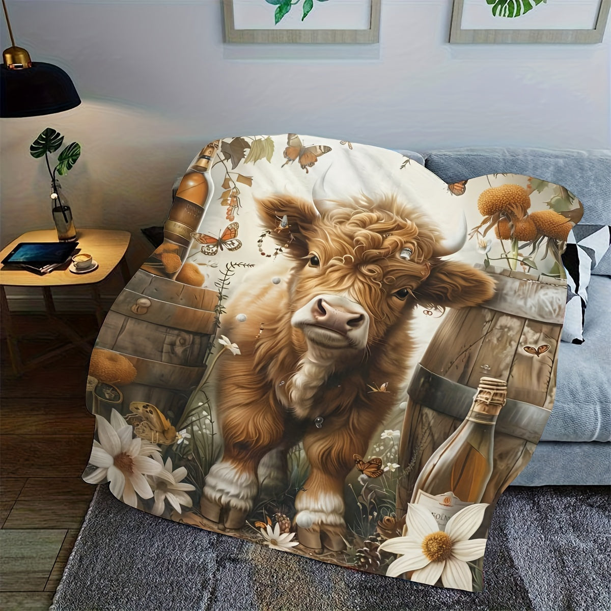 Highland Cow and Wine Barrel Printed Throw Blanket in Contemporary Style - Versatile, Cozy, and Long-Lasting for Any Time of Year