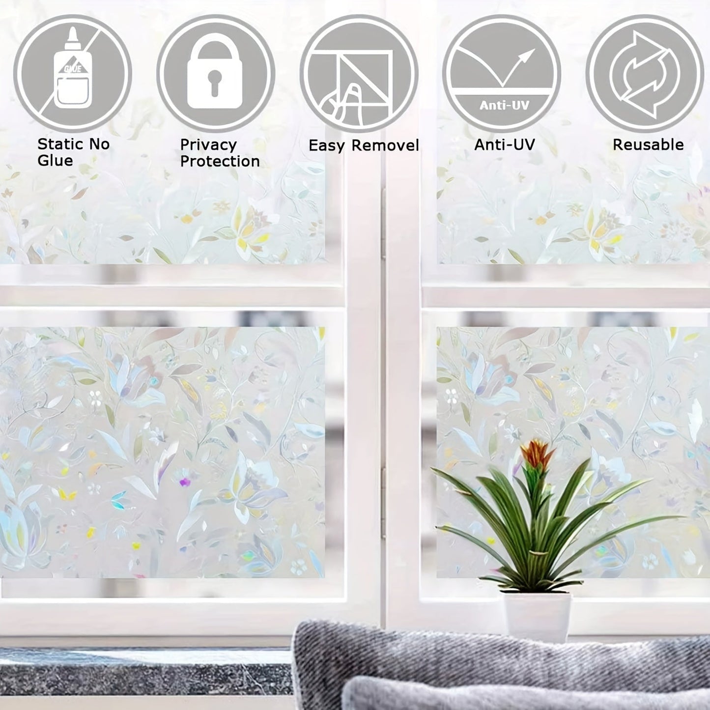 Decorate your bedroom, living room, office, or home with this non-adhesive glass film featuring a beautiful tulip pattern.