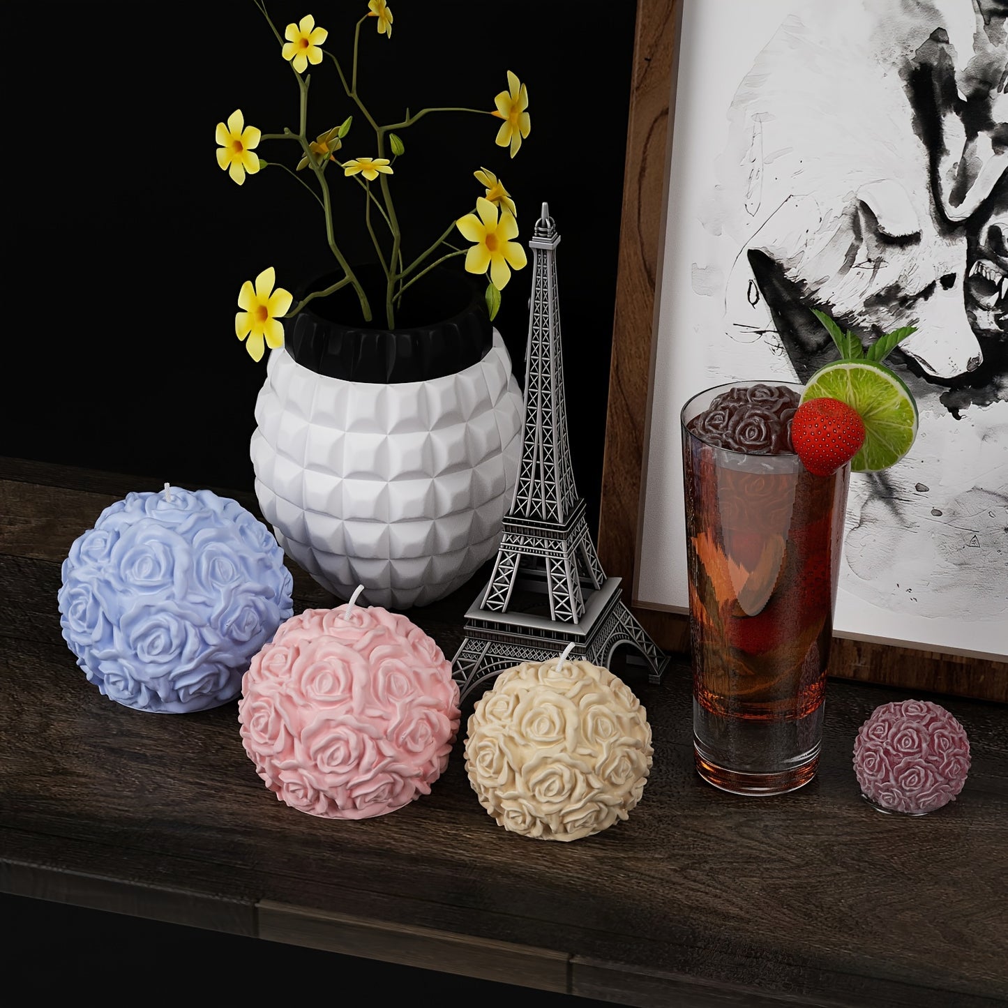 1 piece 3D round rose ball silicone mold for candle making and DIY home decoration featuring flower cluster design.