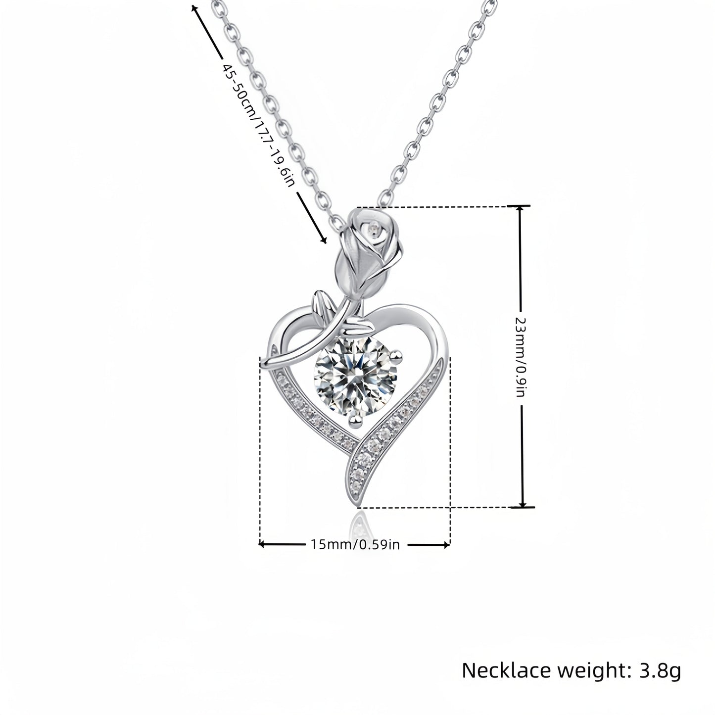 Rose Heart-Shaped Pendant Necklace - Elegant and luxurious necklace featuring a heart-shaped rose pendant adorned with synthetic cubic zirconia. Made with UV plated copper, this versatile piece is suitable for daily wear and gifting. Perfect for Mother's