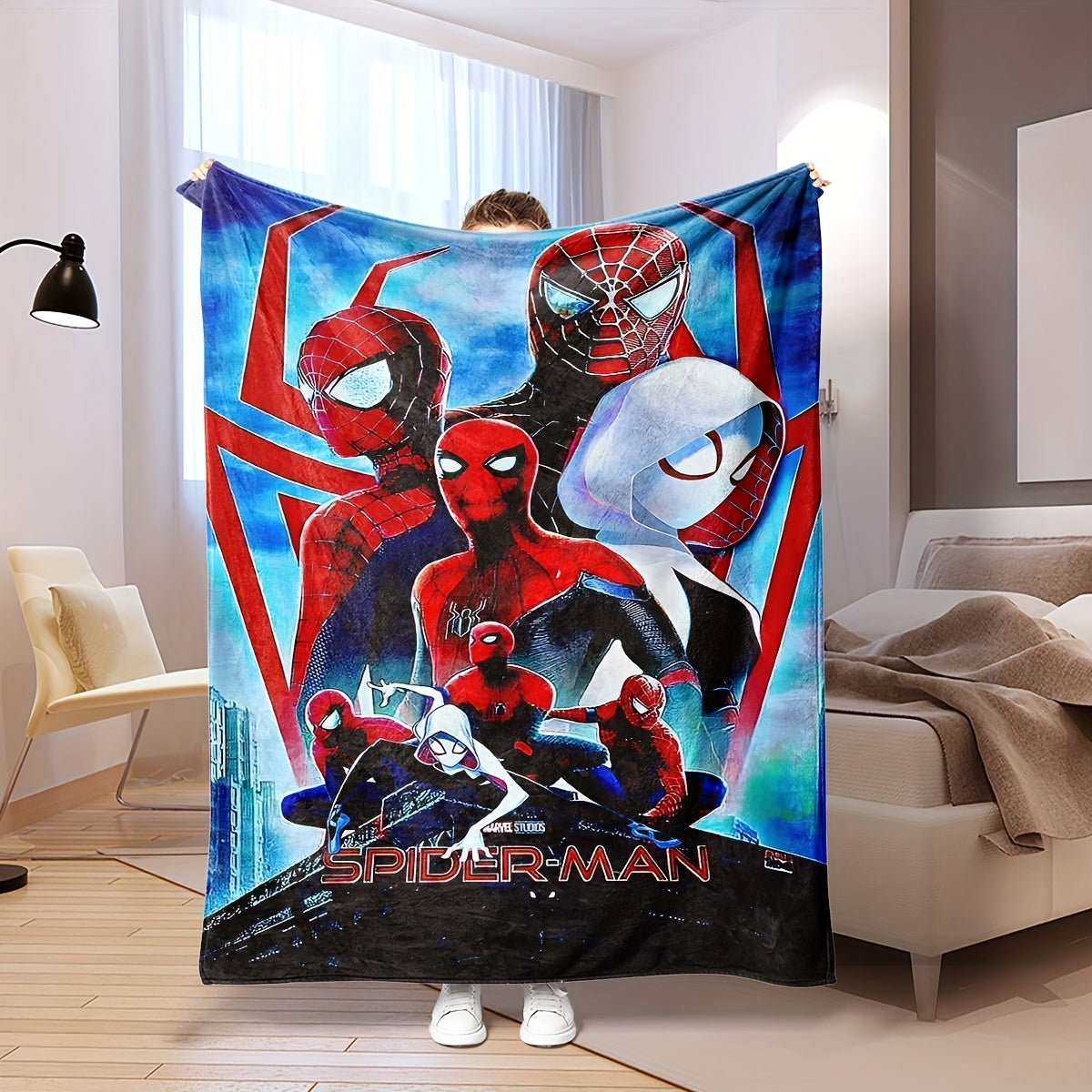 Four Spider-Man-themed decorative blankets that can be used as carpets, bed covers, towels, nap blankets, leisure blankets, and travel blankets. Made from knitted polyester, these blankets are modern and versatile, suitable for use in all seasons.