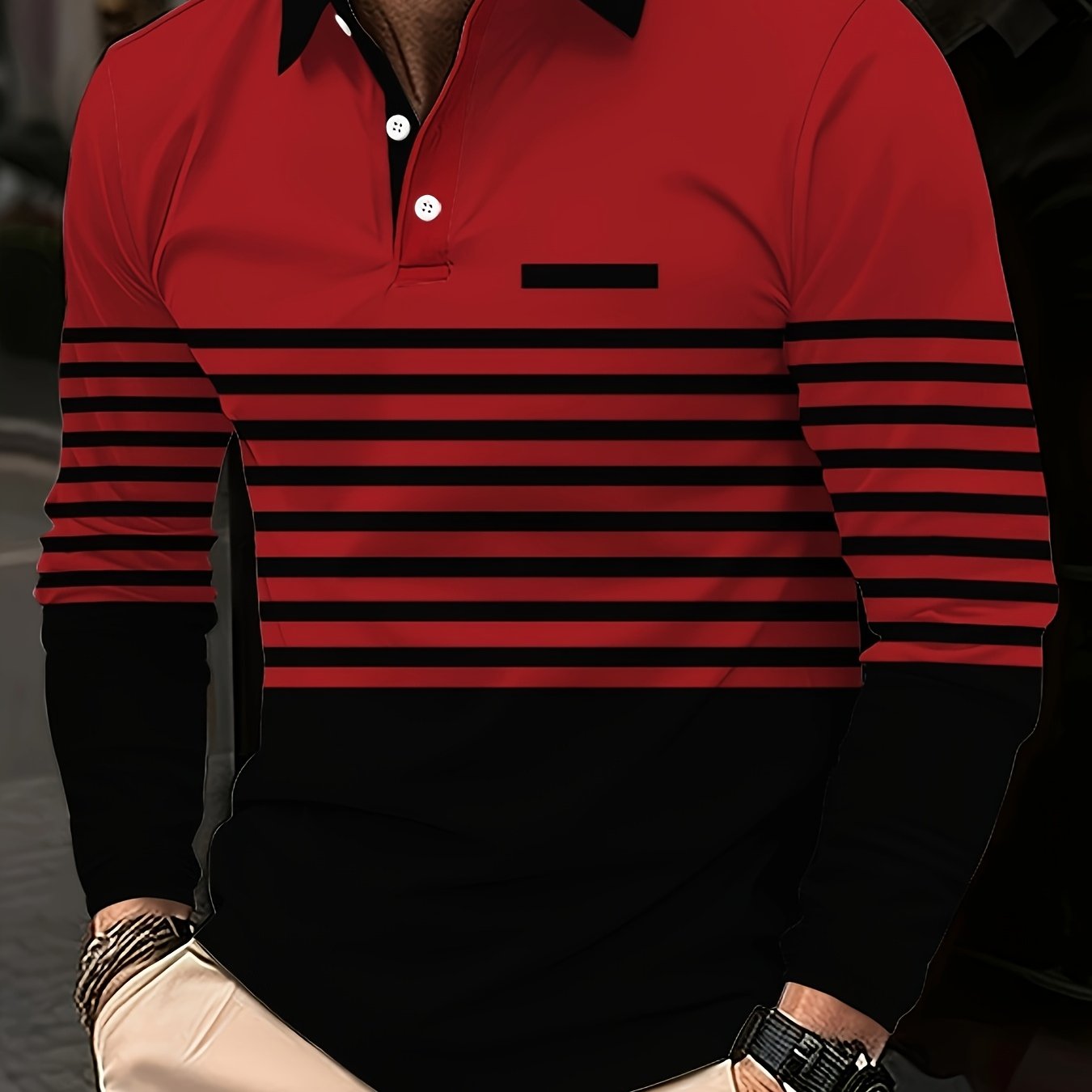 Men's fashion polo shirt with striped design, button lapel collar, made of 100% polyester knit fabric with slight stretch. Regular fit, suitable for spring and fall.