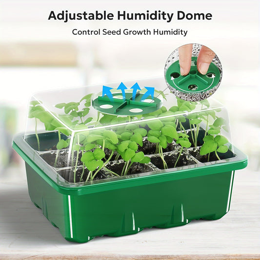 Seed starter trays with elevated lids, 60-cell design, adjustable humidity vent, clear tray for greenhouse/garden use - green.