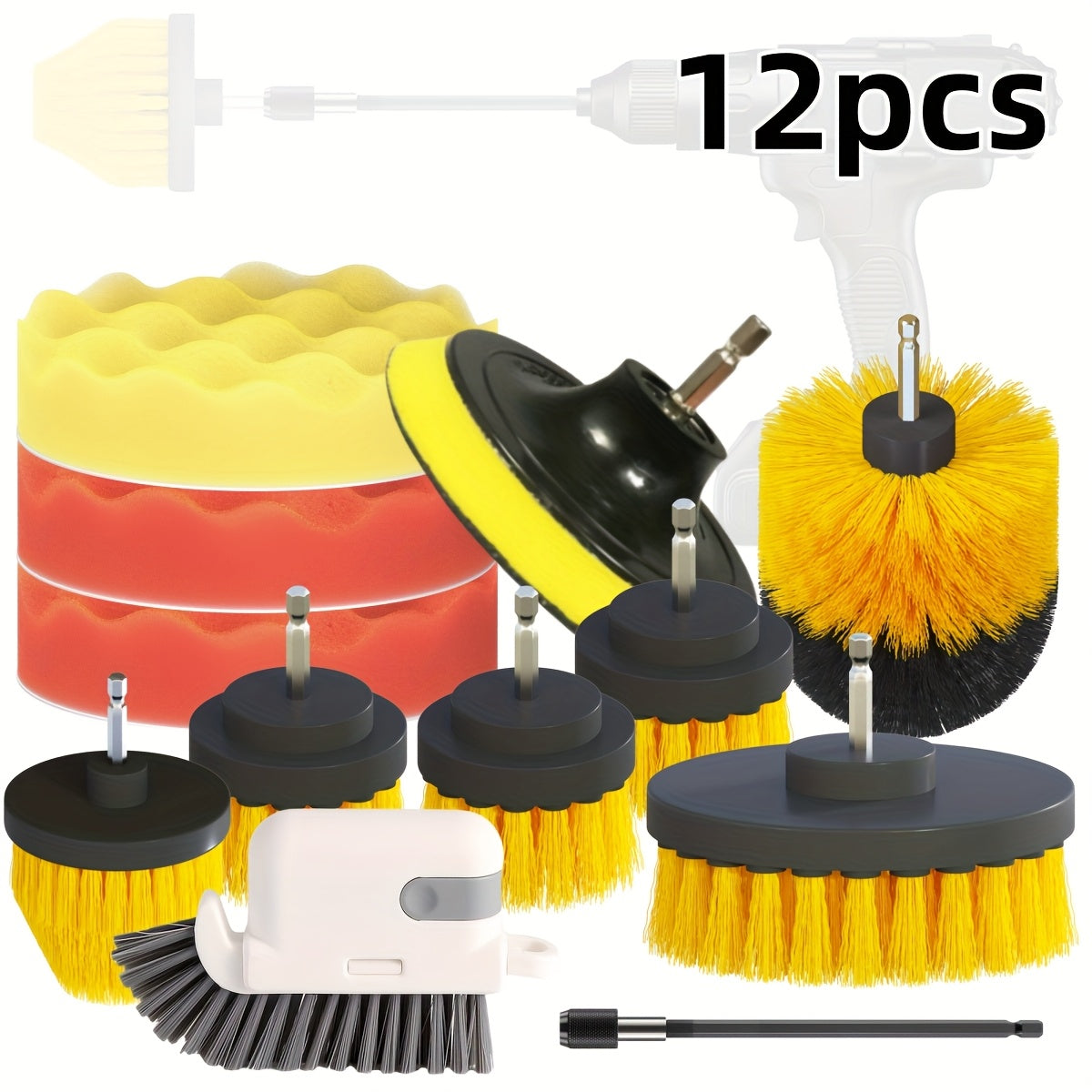 Set of 22 drill brushes - Versatile cleaning attachments for various cleaning tasks, includes window brush, gap brush, white cleaning cloth, ideal for use in bathroom, kitchen, toilet, car, and on floors. Made of reusable plastic for long-lasting use.