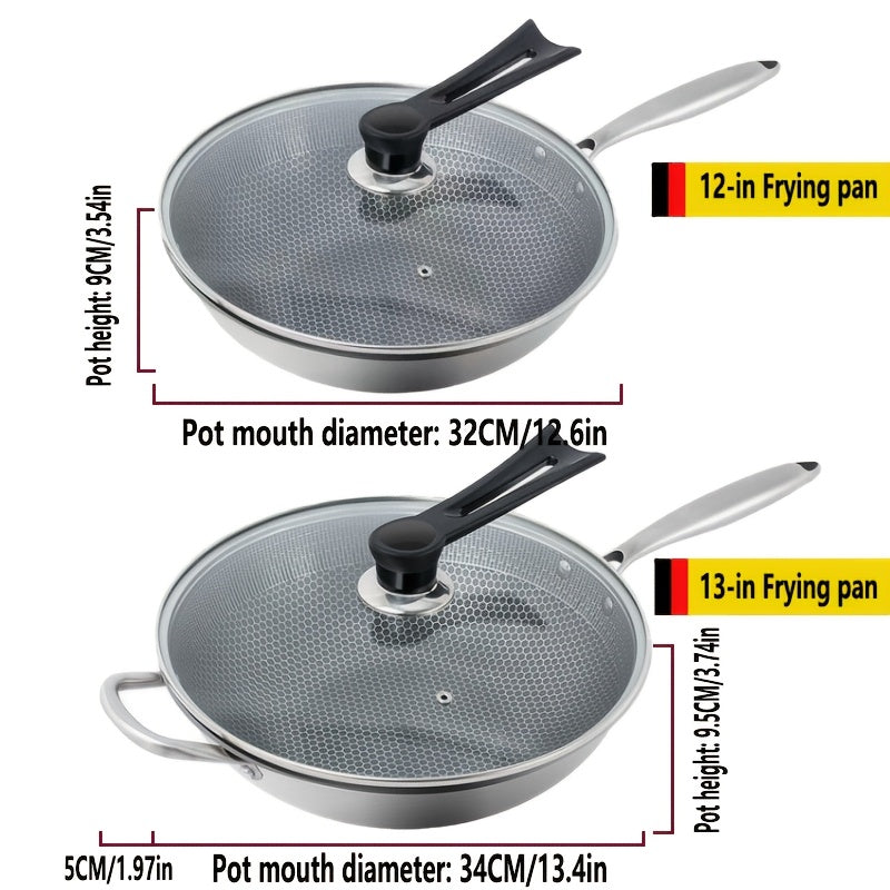 Stainless Steel Wok Pan with Glass Lid - Non-Stick, Easy to Clean, Suitable for Induction & Gas - Hand Wash Only - Includes Lid - Perfect for Cooking Fish, Eggs, Steak - Must-Have Kitchen Item