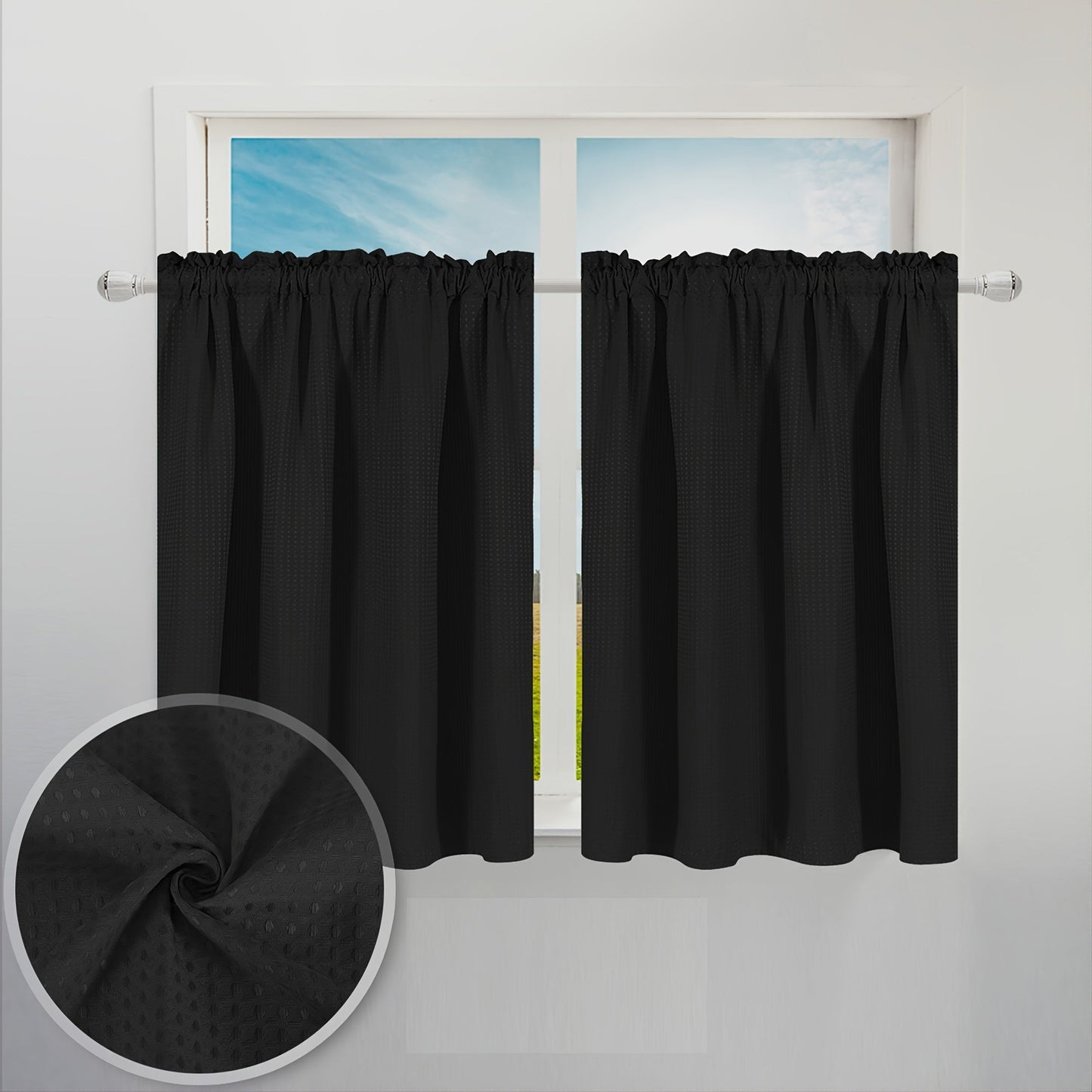 Set of 2 Waffle Weave Half Window Curtains. Waterproof Small Window Curtains for Bathroom, Ideal for Coffee Shops and Kitchens.