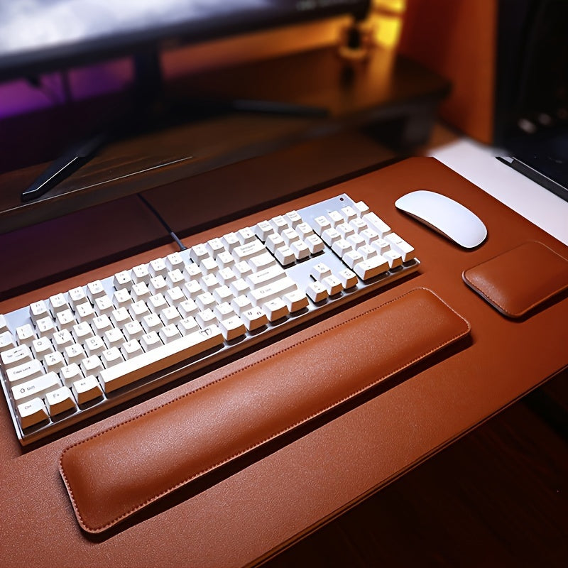 Ergonomic 3-piece desk set includes large faux leather mouse pad, keyboard mat, and wrist support for non-slip office desk protection.