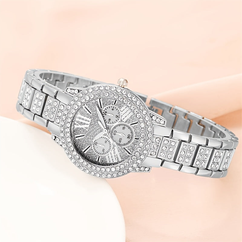 Elegant women's round quartz watch set with simple zinc alloy bracelet, electronic movement, non-wireless, non-rechargeable battery. Perfect gift for her.