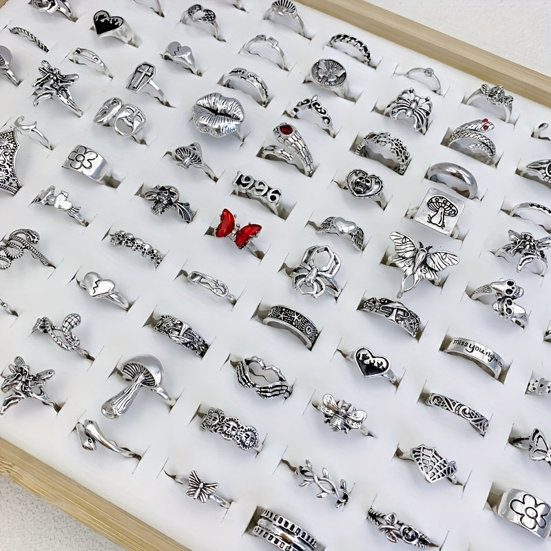 Antique Silver Alloy Rings with Retro Punk Gothic Designs - Set of 30/50/100 Pieces featuring Butterflies, Skulls, and Snakes - Perfect Jewelry Gift for Men and Women at Hip Hop Parties