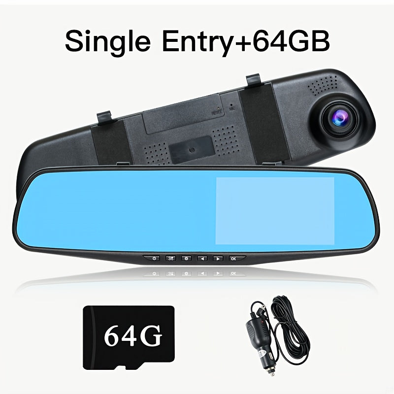 1080P HD dash cam, orqa tasvir, old va orqa ikki video, tungi ko'rinish, to'xtash monitoringi, avtomatik aylanish, 64GB TF xotira kartasi bilan. Barcha transport vositalari modellari bilan mos keladi.