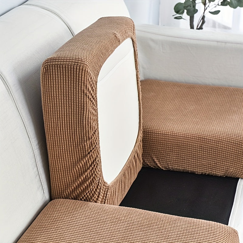 Modern Stretch Sofa Cushion Cover made of machine washable polyester and spandex fabric. Features elastic seat slipcover with no print design, dustproof protection, and elastic band closure.