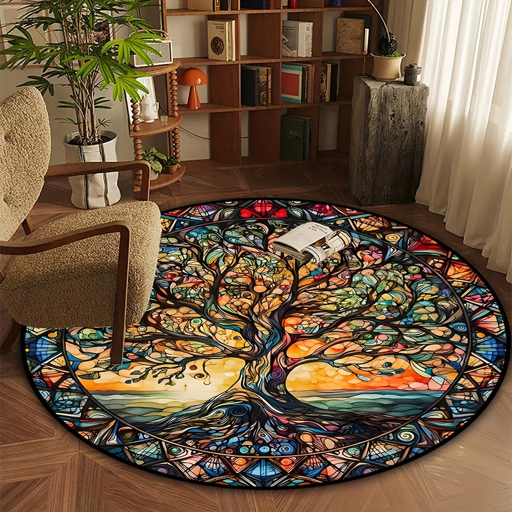 Retro and creative, this 3D Tree Of Life pattern round area rug is the perfect addition to your living room, bedroom, or kitchen. Made with soft and stain-resistant materials, this floor mat is easy to clean in the washing machine. Available in various