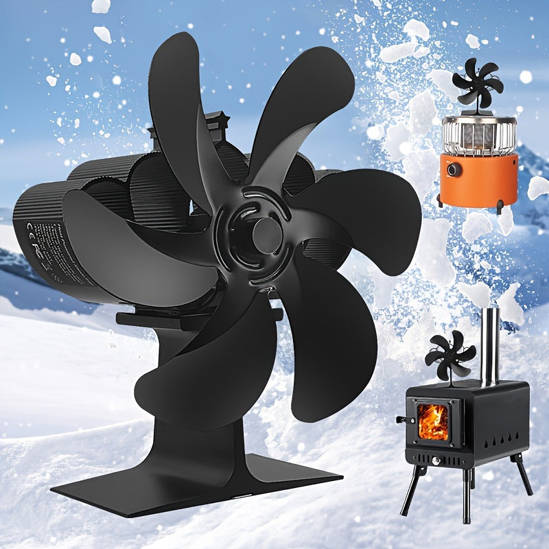 One piece 6-blade stove fan designed to efficiently distribute heat for wood, log, and pellet stoves and fireplaces. This portable thermoelectric fan serves as an air circulator and heat-powered exhaust fan.