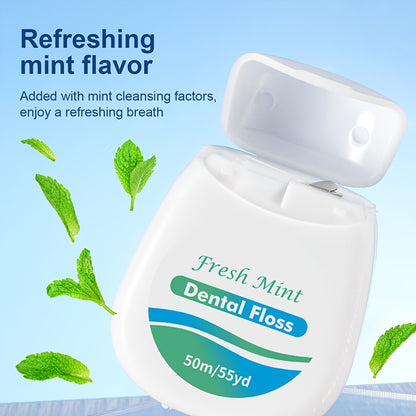 Fresh Mint Teeth Floss: Waxed PE, Cleans between teeth, slides easily into tight spaces, refreshing mint flavor, oral hygiene tool.