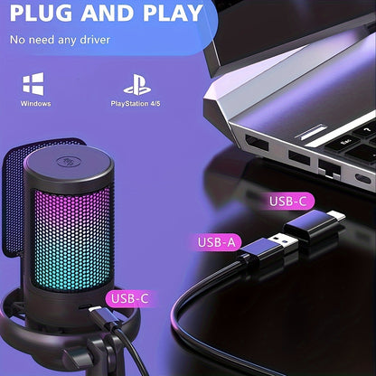 NJSJ USB Microphone with RGB lighting for PC, PS4/PS5, Mac, and phone, perfect for streaming and podcasting.