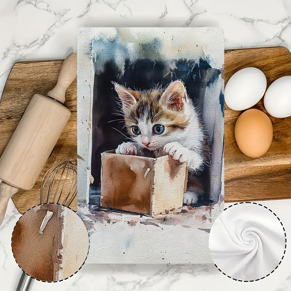 Description: Enhance your kitchen decor with this set of 2 ultra soft kitchen towels featuring an adorable kitten in a box design. These towels are highly absorbent and machine washable, making them perfect for everyday use. The contemporary coastal