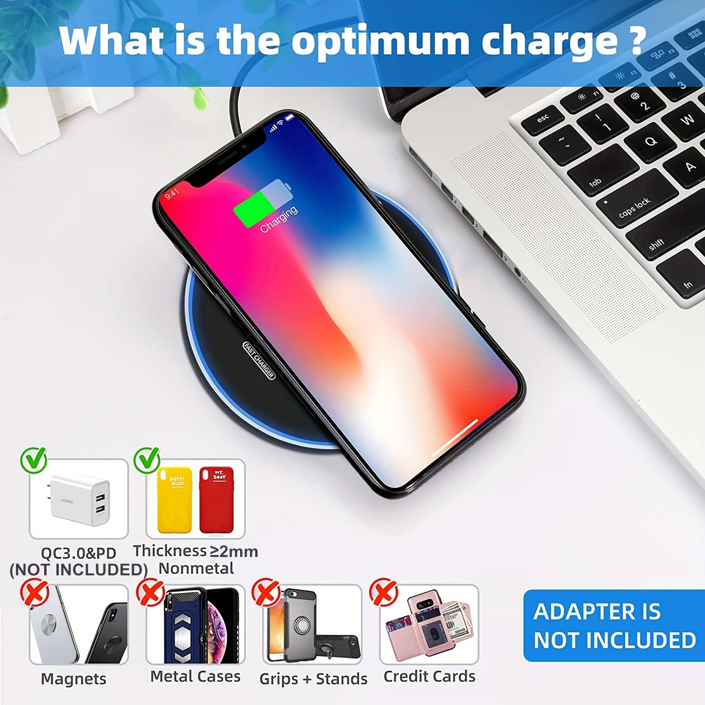 Wireless charger for iPhone and Samsung devices with fast charging capabilities.