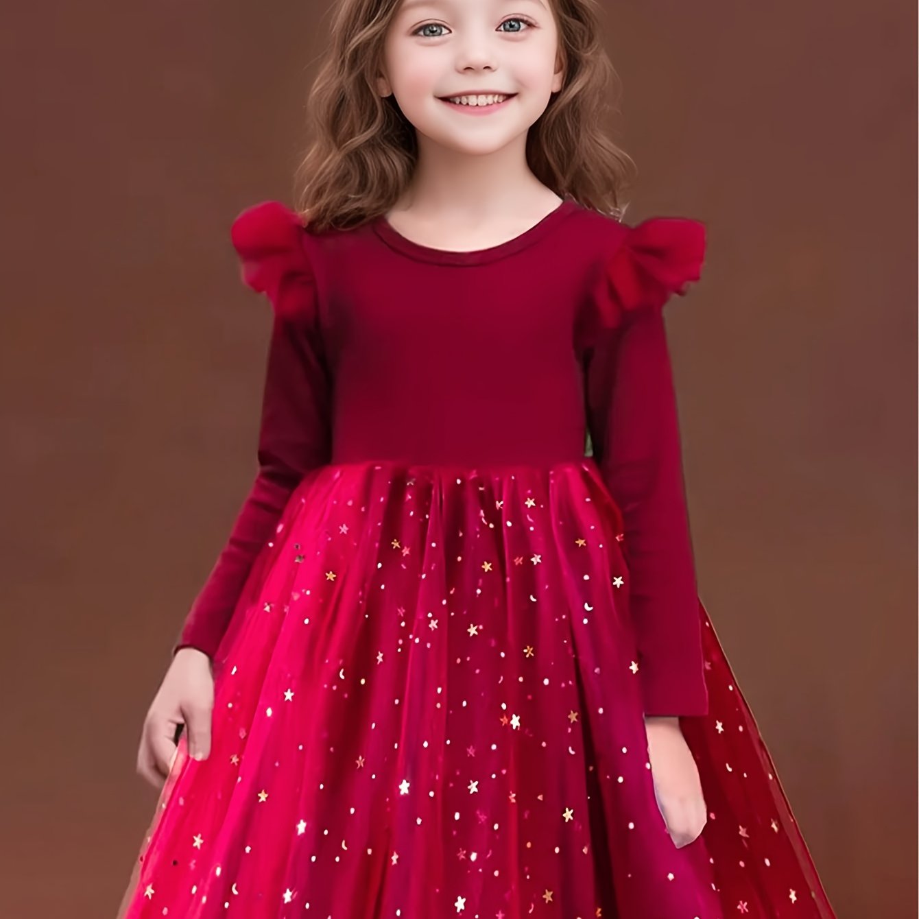 Girls' elegant velvet dress with star & moon sequins, ruffled edge, and pleated mesh overlay in red. Perfect for fall/winter parties and special occasions. Polyester knit.