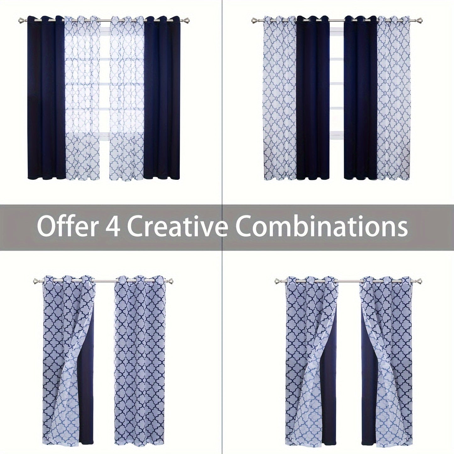 Blackout Curtains and Sheer Panels with Snowflake Pattern, Including Rods, Indoor Set of 4, Weighing 200 Grams in Total.