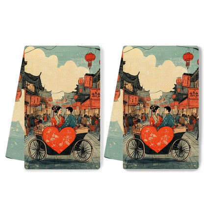 These kitchen towels are luxuriously soft and feature a charming illustration of a couple in traditional Chinese clothing, riding a heart-shaped rickshaw through a bustling street market. They are not only highly absorbent but also perfect for holiday