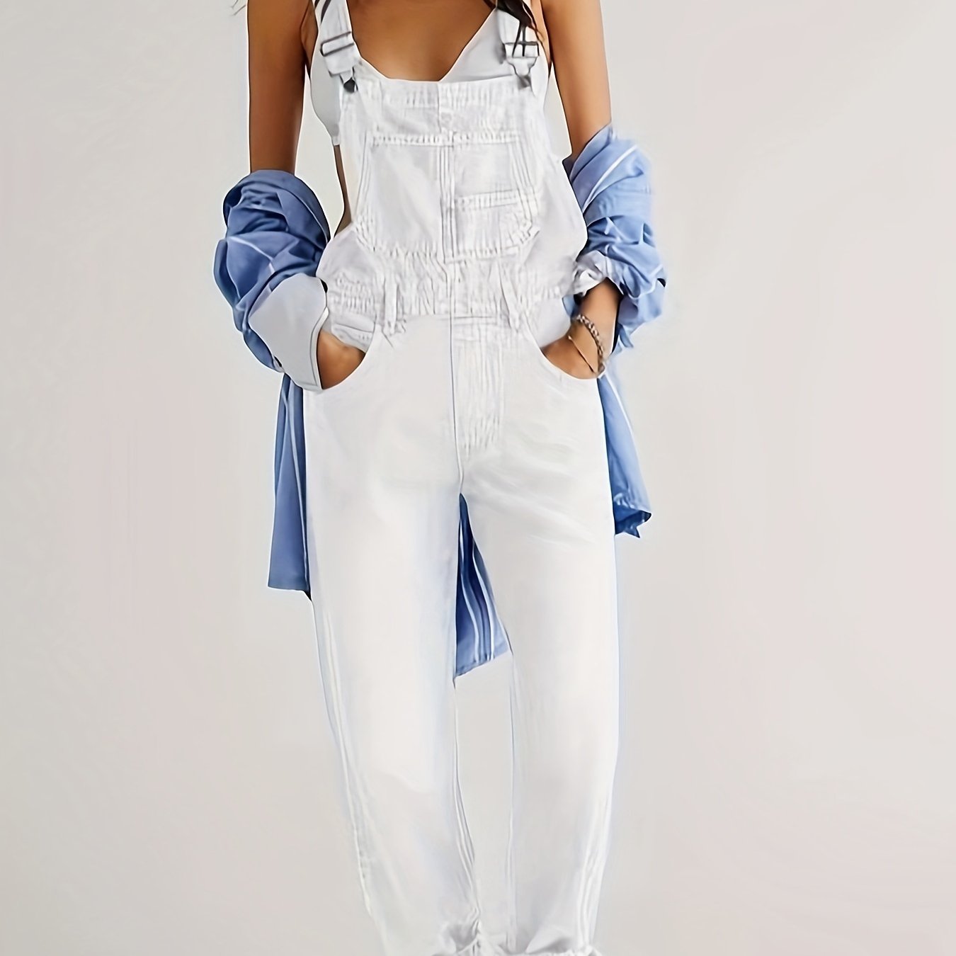 CPUY Women'S Fashion Denim Jumpsuit, Non-Stretch Woven Fabric with Washed Detail, Regular Fit for Spring/Summer/Fall - 390g/m²