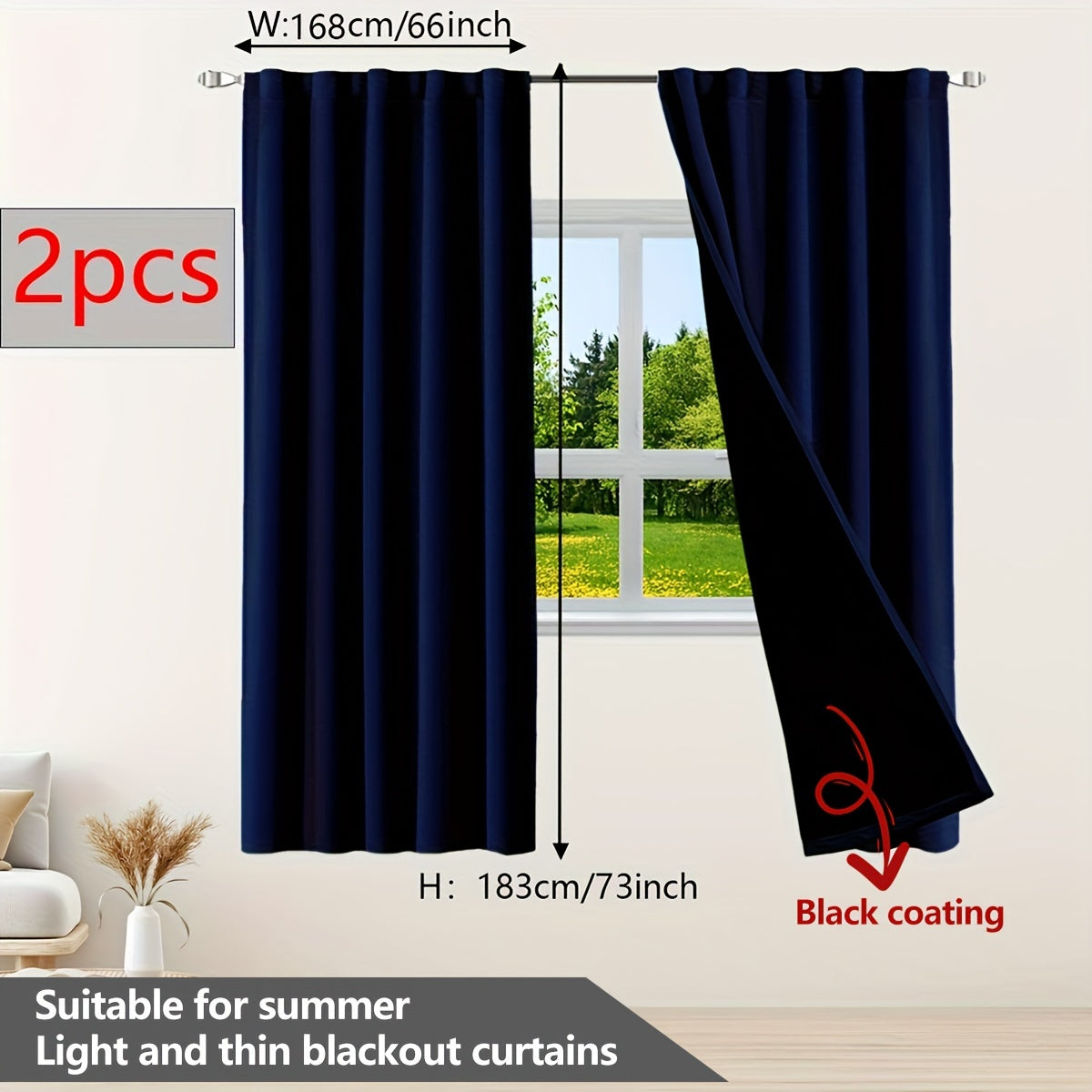 Two pieces of contemporary blackout curtains made from thermal insulated twill weave polyester. They are designed to reduce noise and block out light, making them perfect for the living room, bedroom, or study. These curtains feature a hook and ring rod