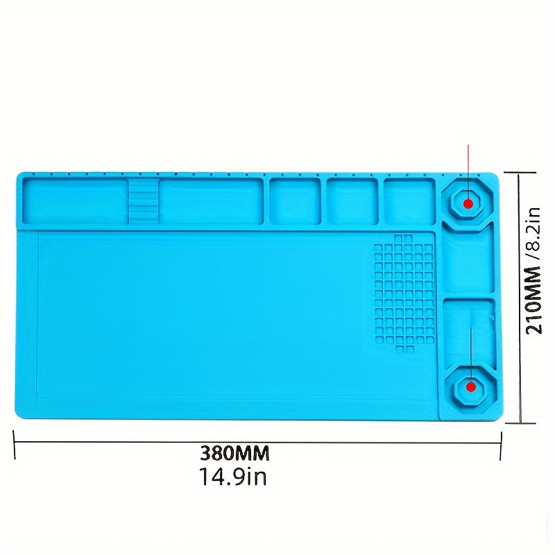 Silicone repair mat with magnetic tools for mobile phone and computer repair. Great for high-temperature heat gun welding. Ideal for digital repair workstations.