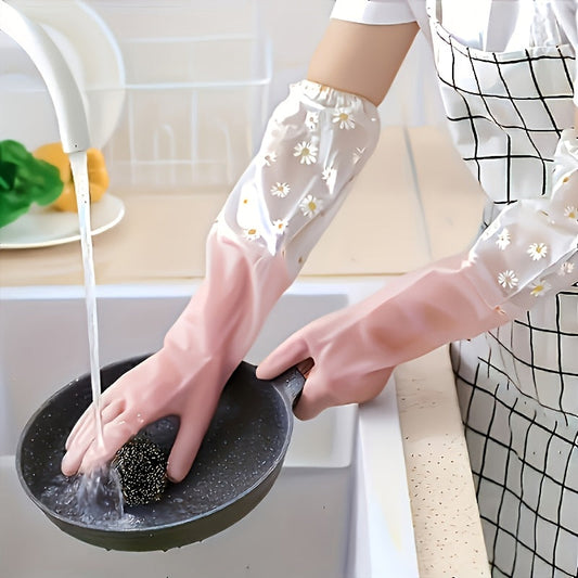 Pink cleaning gloves with floral design, made of waterproof PVC and featuring a daisy pattern. Non-slip and alcohol-free, versatile for use in the kitchen, bathroom, laundry, and more.