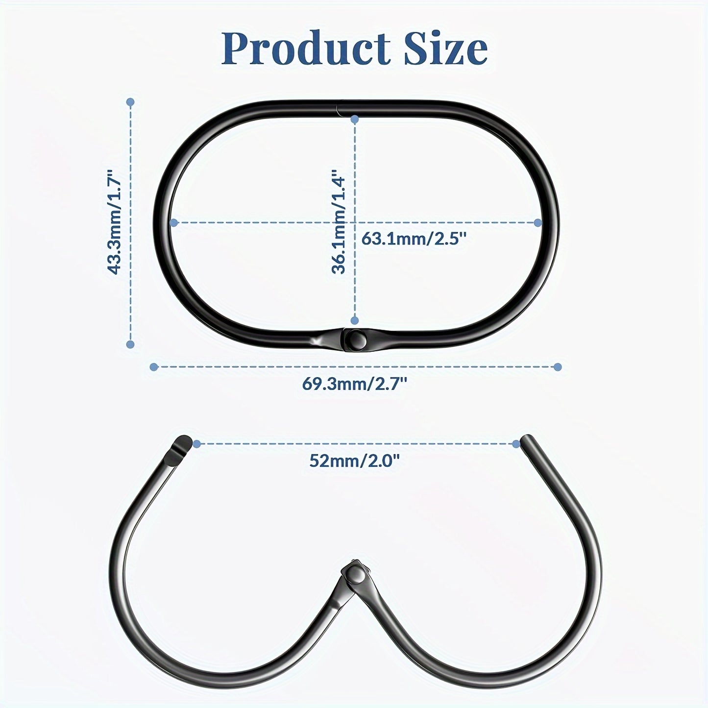 Set of 12 rustproof, anti-drop black cast iron shower curtain rings with secure attachment for bathroom curtains and rods.