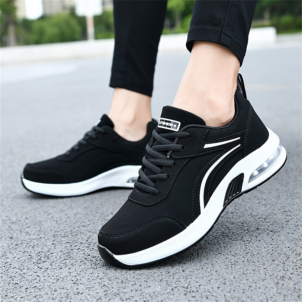 Women's casual sneakers made from black synthetic leather, featuring a lightweight design, air cushion support, lace-up style suitable for work, travel, or sports. Stylish and breathable