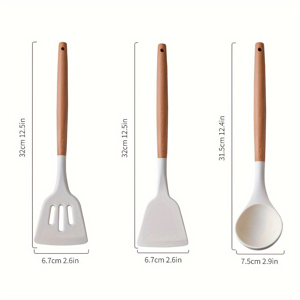 Set of 3 Silicone Kitchen Utensils - Includes Non-Stick, Heat-Resistant Spatulas and Spoons with Wooden Handles for Cooking and Baking