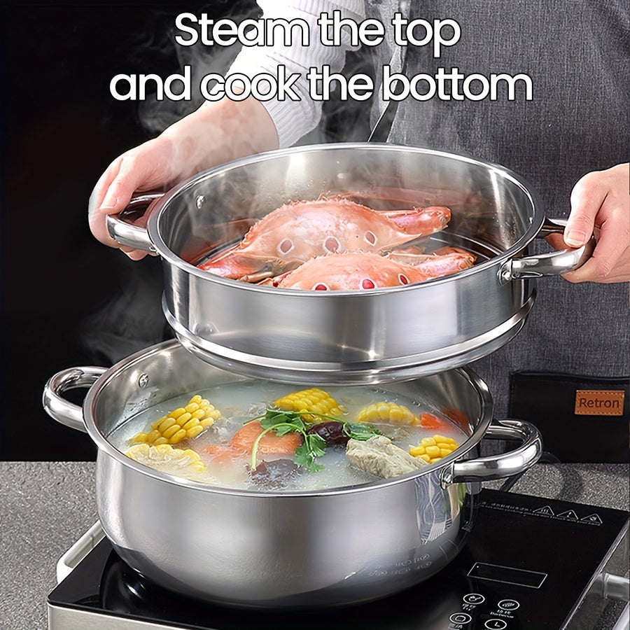 Stainless Steel Steamer Set with 4 Pieces: Quick Cooking Pot, Large Capacity Stackable Steamer with 1 Thick Soup Pot, 2 Tier Steaming Baskets, and 1 Lid. One Pot for Steaming and Cooking, Anti-Scald Handles, Easy to Clean, Suitable for All Stove Types.