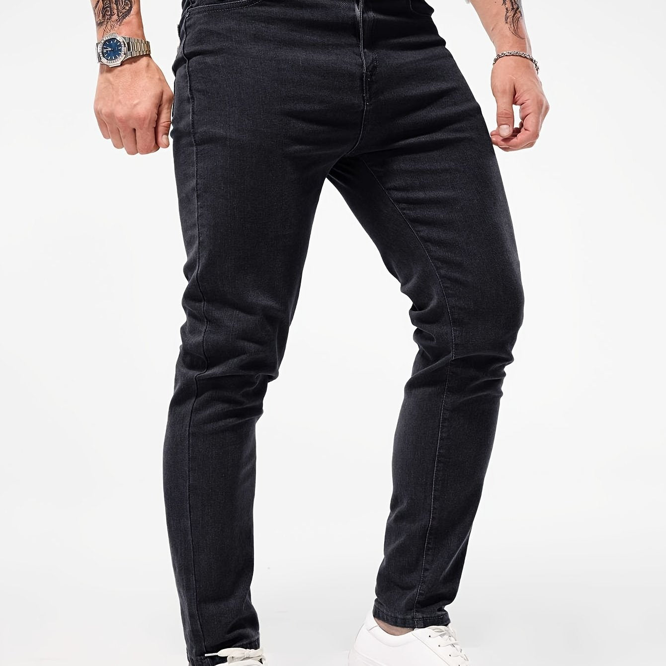 Button closure, stretch denim, solid color men's slim fit straight-leg jeans, all-season casual style trousers.