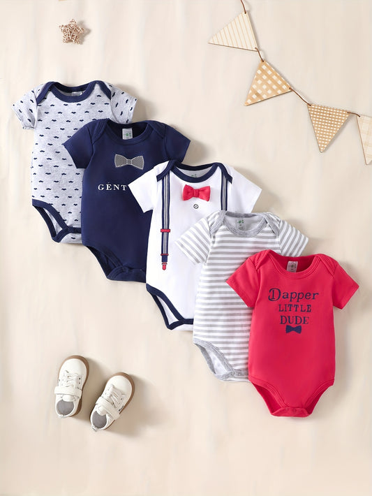 New boys' five-piece set of triangle onesies in multiple colors and patterns, made of soft and comfortable pure cotton, perfect for short crawls.