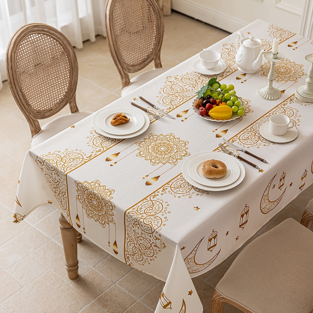 Bohemian Geometric Pattern Ramadan Eid Al-Fitr Tablecloth with Golden Moon and Star Design, made of 100% polyester, suitable for Iftar, parties, festivals, and gifting.