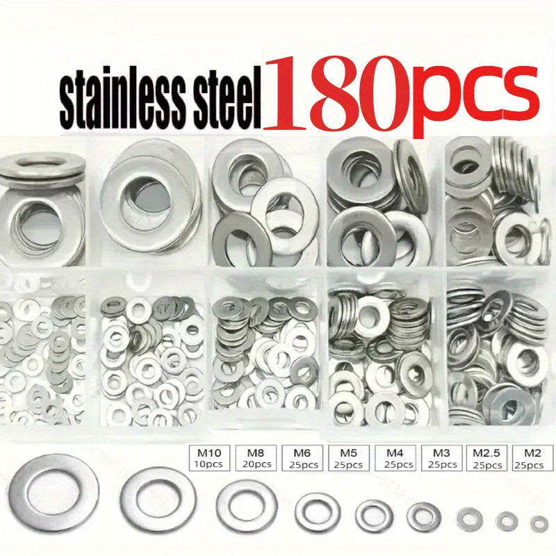 180-piece Stainless Steel Flat Washer Set (M2-M10) for various uses like screws, bolts, mud flaps in home decor, factory repair, kitchens, shops.