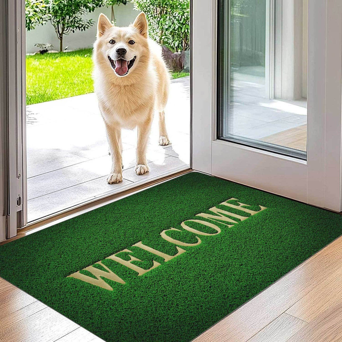 Welcome guests with our Green Grass Print Doormat, featuring a non-slip absorbent polyester floor mat that is machine washable. Perfect for any room in your home, including the living room, bedroom, bathroom, and kitchen for added home decor.