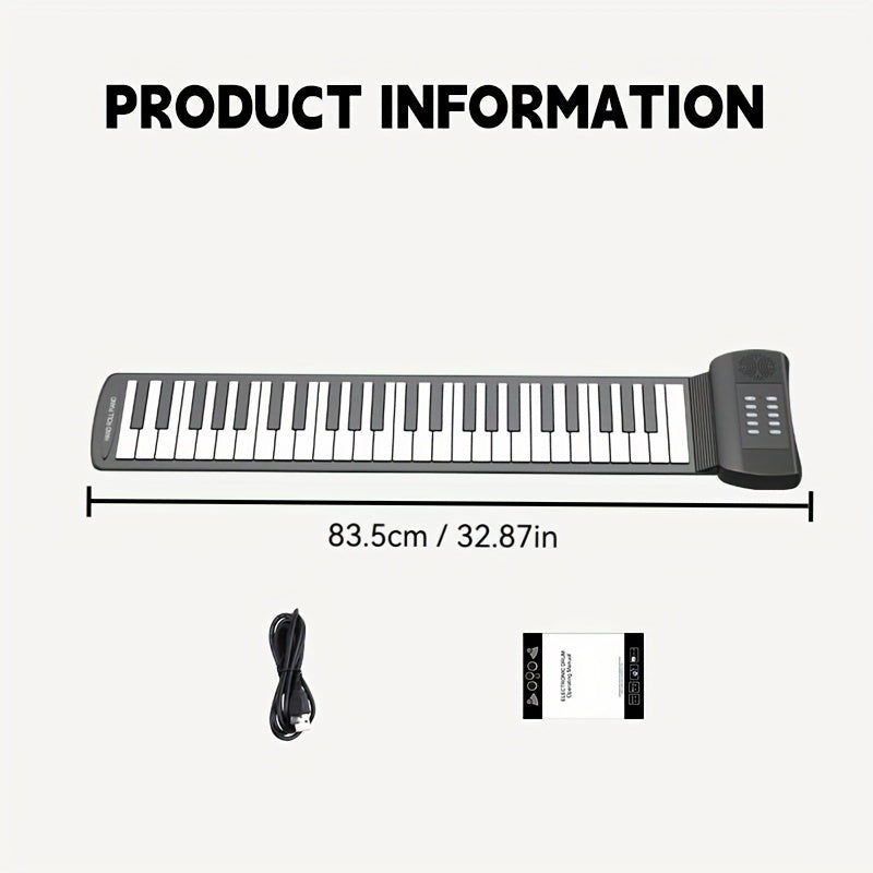 Micro Poly 49-Key Portable Roll-Up Piano Keyboard with Silicone Keys in Black. USB & Battery Powered, Ideal for Beginners. Compact and Easy to Carry Design, Perfect for Home Use. Includes