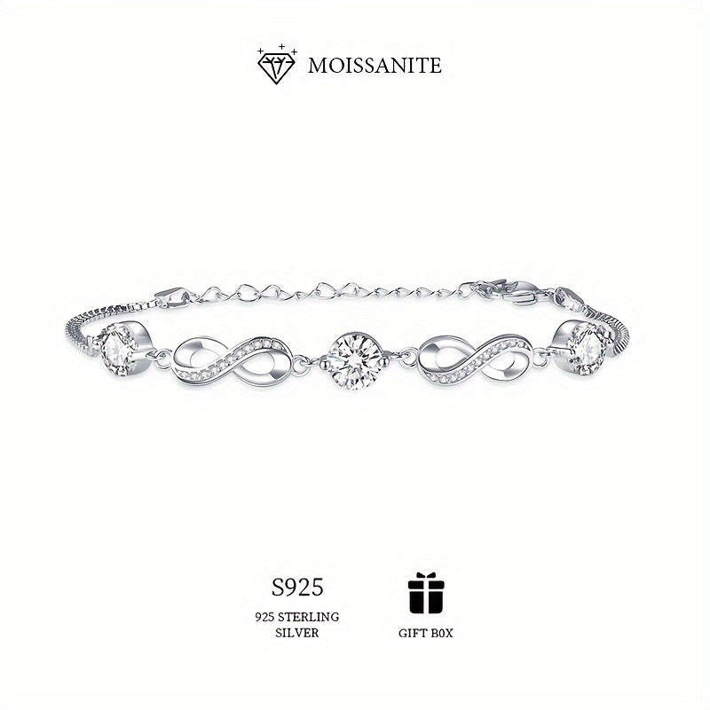 Stylish Bohemian 925 Sterling Silver Moissanite Infinity Link Bracelet for Women, Featuring Hypoallergenic 3ct Total Weight. Perfect for Engagement, Wedding, Bridal Jewelry. A Fashionable Accessory for All Seasons, Great for Daily Wear or Special