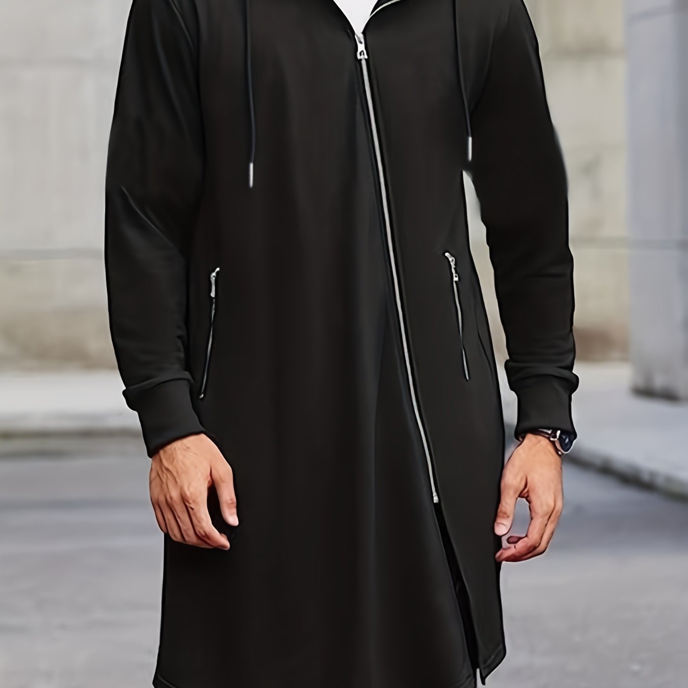 Fall/Winter Asymmetric Hooded Zip Jacket for Plus Size Men.