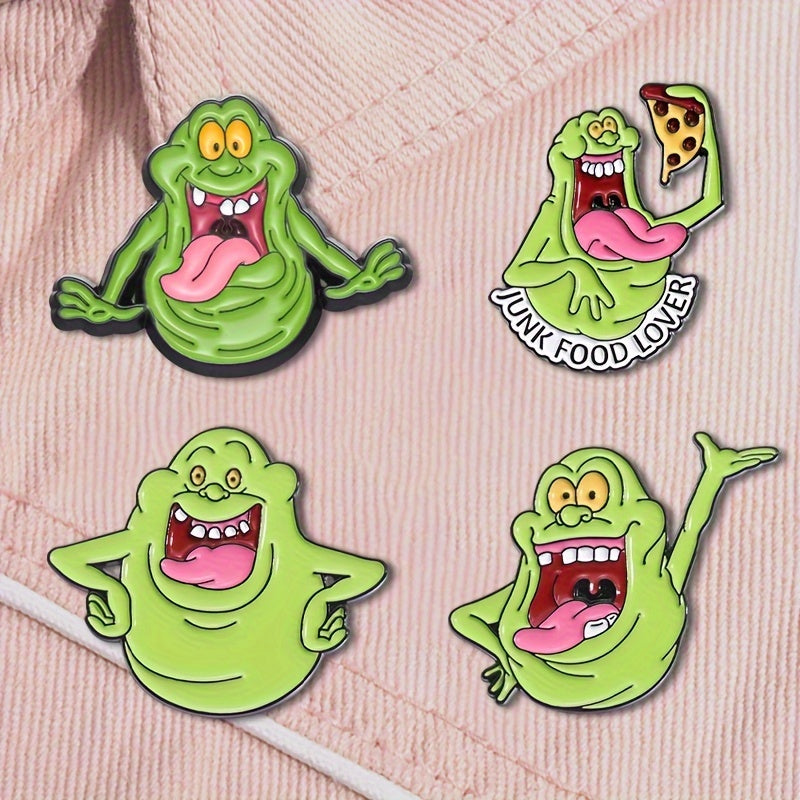 Set of 4 Cartoon Badges featuring Adorable Green Monsters - Made of Alloy, Cute Cartoon Design, Animal-Shaped Jewelry Brooches for Fashionable Friends and Family. Perfect for Holiday Clothing Accessories.