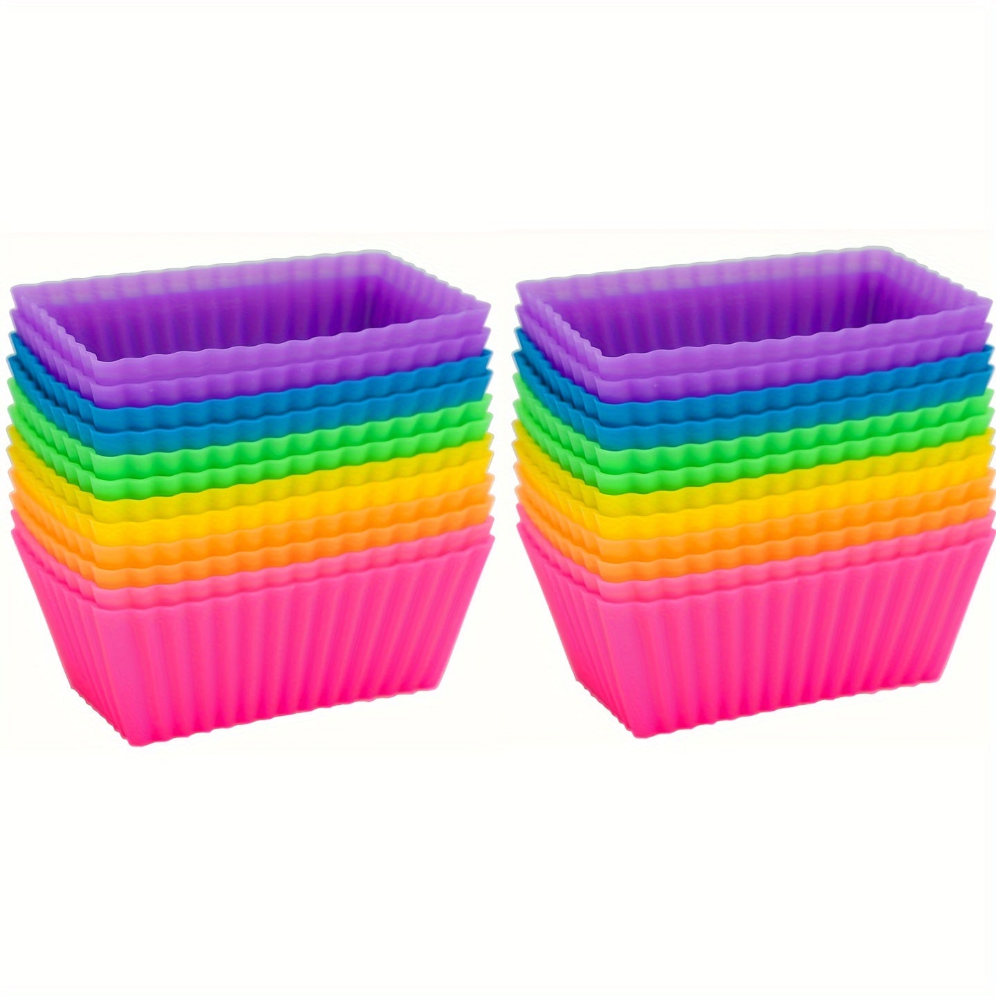 Reusable non-stick silicone baking cups for muffins and cupcakes, sold in packs of 12 or 24.