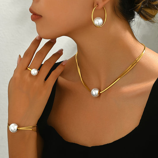 Vintage and minimalist style women's fashion jewelry set. Each piece is 18K gold plated and made of stainless steel with faux pearl accents. The set includes a necklace, earrings, ring, and bracelet, making it versatile for both daily wear and special