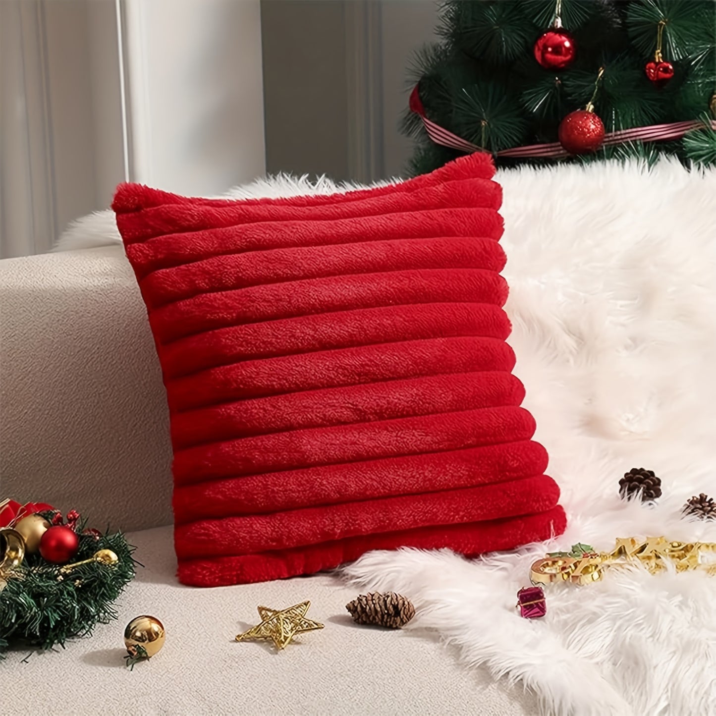 Faux fur throw pillow cover with zipper closure, ideal for winter and Christmas decor. Hand wash only. Made of polyester.