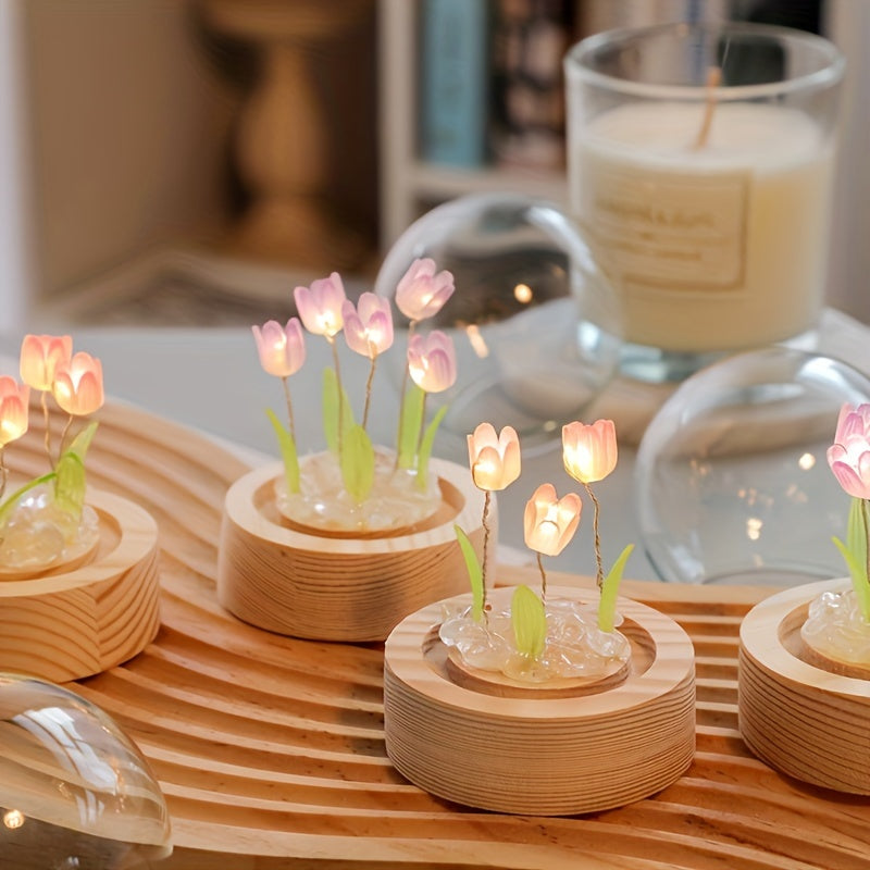 Modern handmade glass tulip night light with switch control. Perfect gift for Mother's Day or birthday. Battery-powered (battery not included).