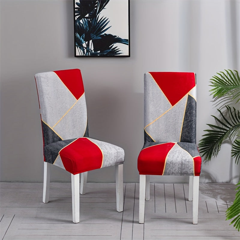 Set of 4/6 elastic dining chair slipcovers with geometric print for home, hotel, restaurant, banquet decor protection.