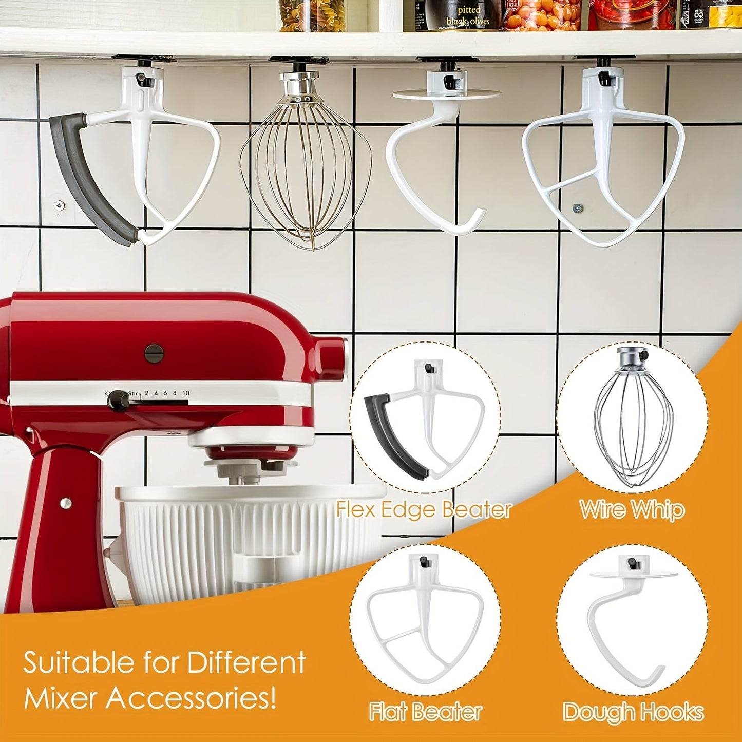 Keep all your stand mixer accessories organized with this set of 4 Pack Mixer Attachment Holders. Compatible with all stand mixer accessories, these storage organizer hooks are perfect for holding your flat beater, wire whip, and dough hook. Easy to