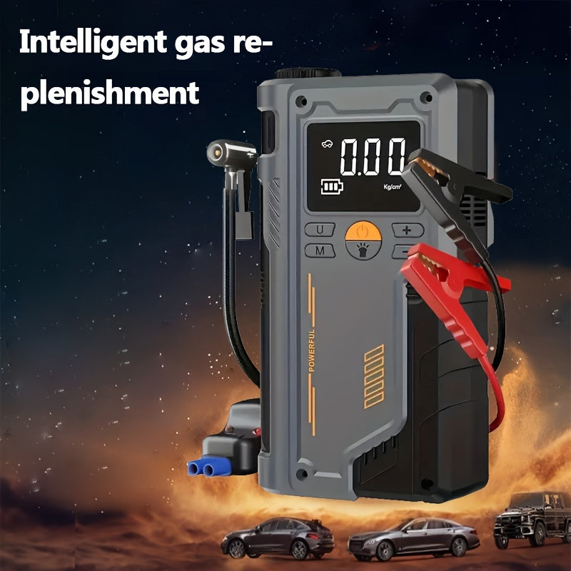 Portable car inflator pump with emergency night light and wireless power supply. Features 8000mAh lithium battery for tire inflation and emergency use.