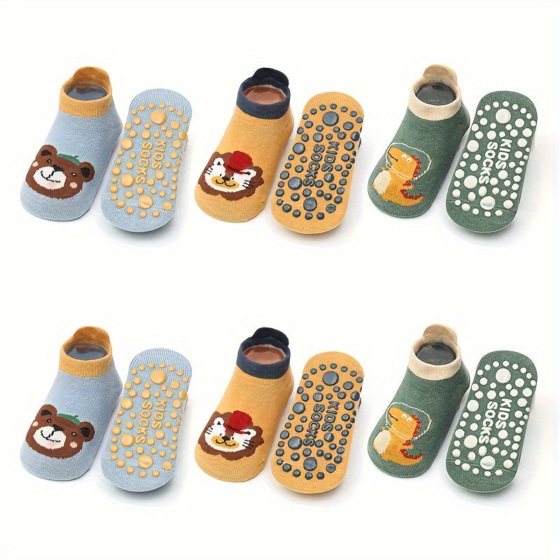 6 pairs of baby boys' non-slip cotton socks with cute cartoon animal patterns for infants learning to walk.